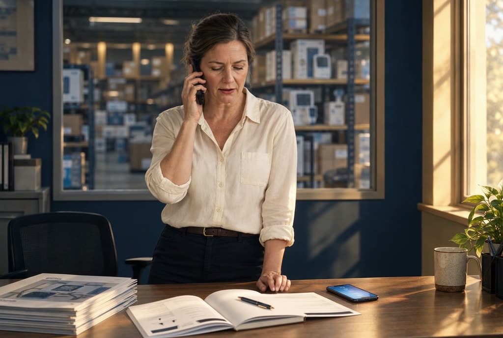 A woman takes a phone call standing at a desk in a warehouse office, with shelves of boxed equipment behind her.