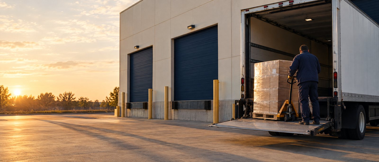 A worker guides a shrink-wrapped pallet of cartons onto a box truck's lowered liftgate at a loading dock at sunset.