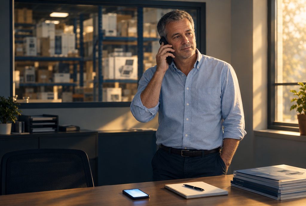 A man in a blue shirt takes a phone call at a desk in a warehouse office, with shelves of boxed equipment behind him.