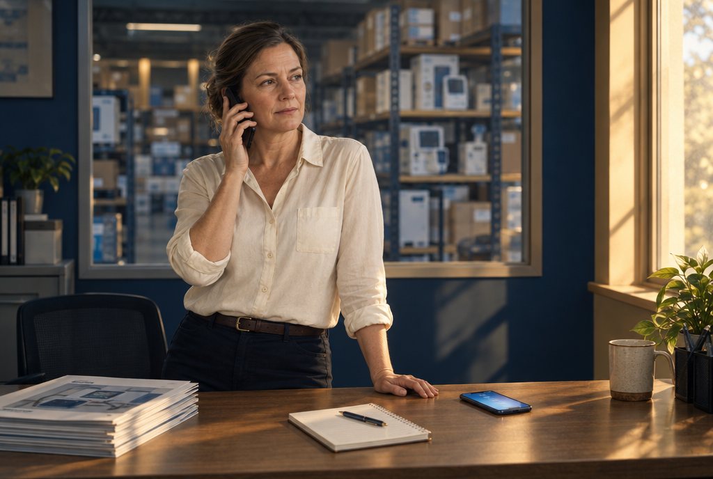 A woman in a cream shirt takes a phone call at a desk in a small warehouse office, with shelves of boxed equipment behind her.