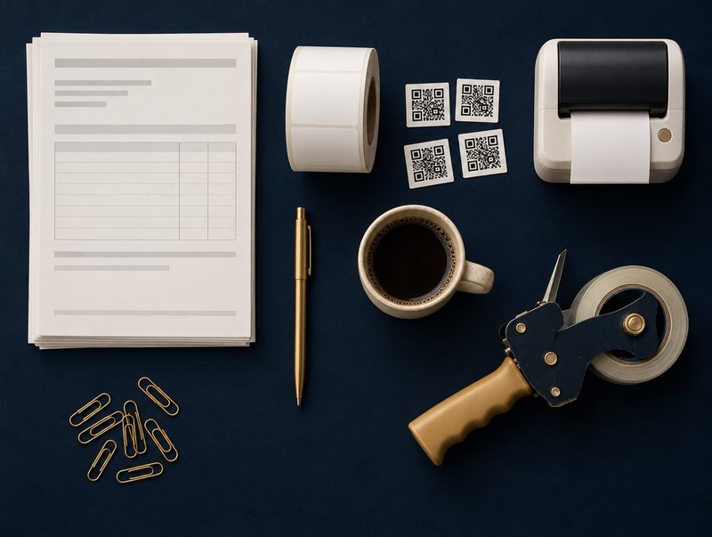 Blank forms, a roll of shipping labels, printed barcode squares, a label printer, a pen, a tape gun and a cup of coffee on a dark desk.