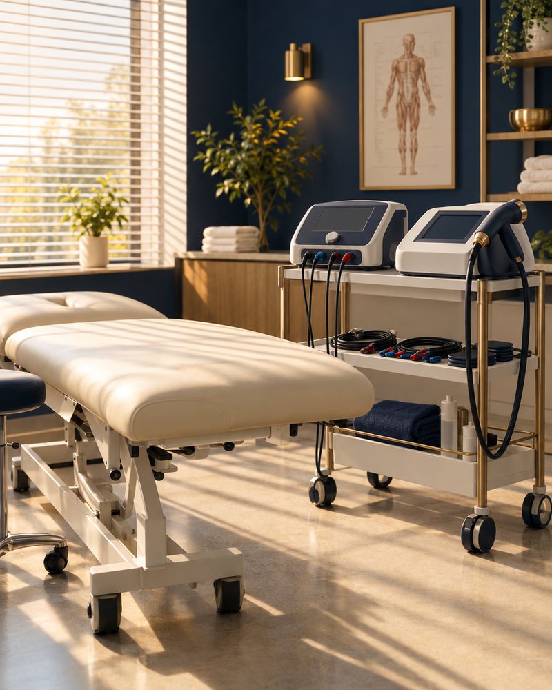 A physical therapy room with a padded treatment table and two therapy units on a rolling cart.