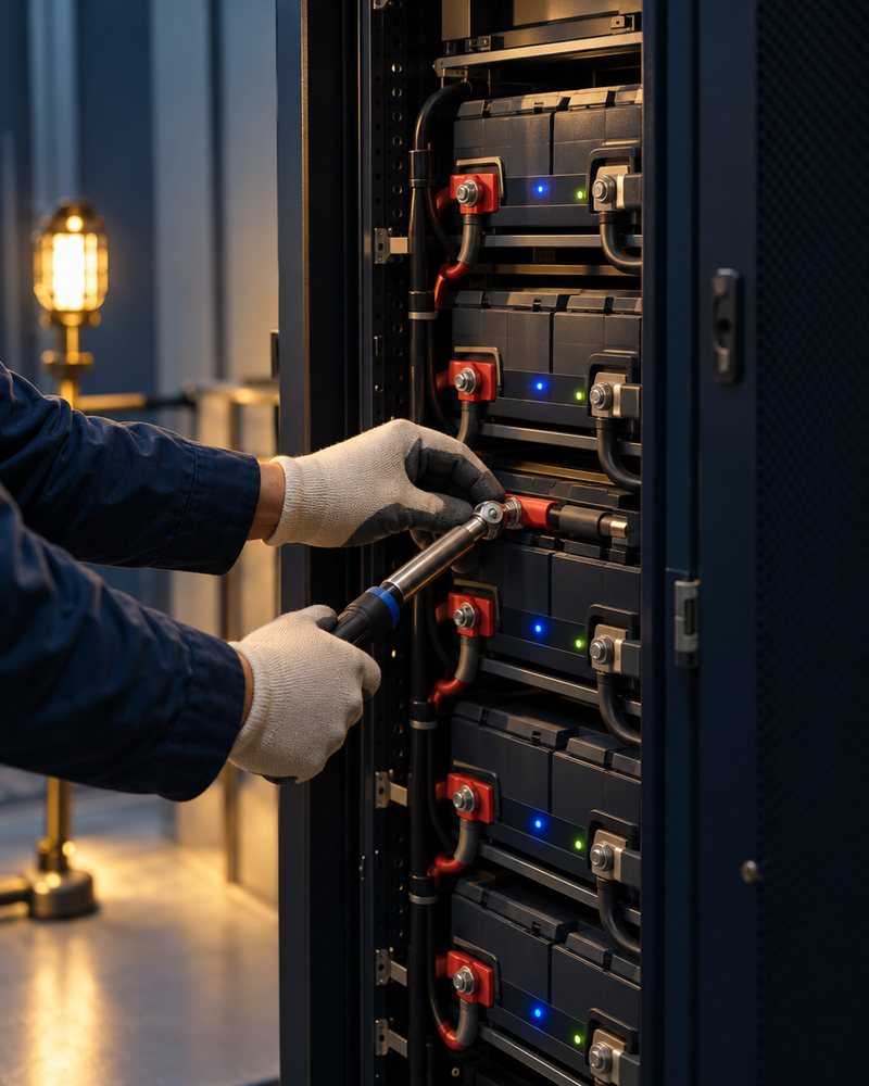 Gloved hands tightening a terminal on the battery modules of an open UPS cabinet.