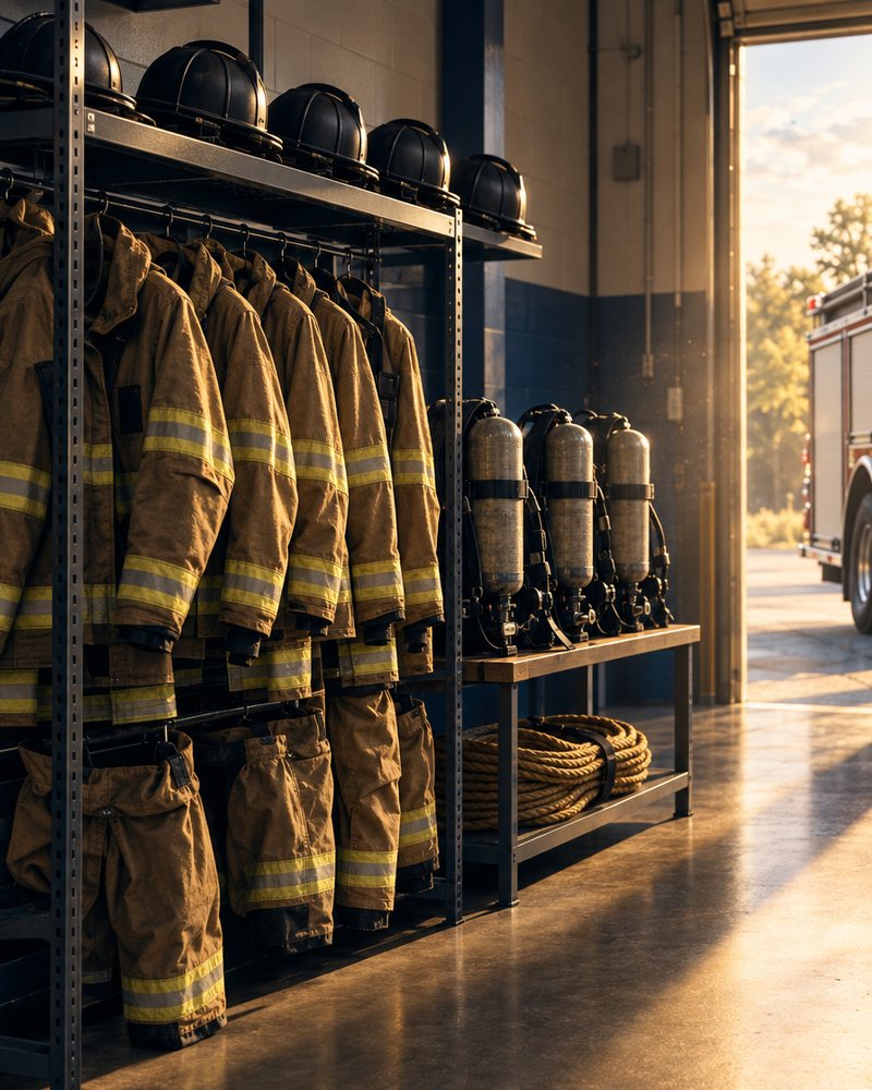 Turnout coats and pants on a steel rack, helmets on a shelf and air cylinders on a bench in a fire station gear room.