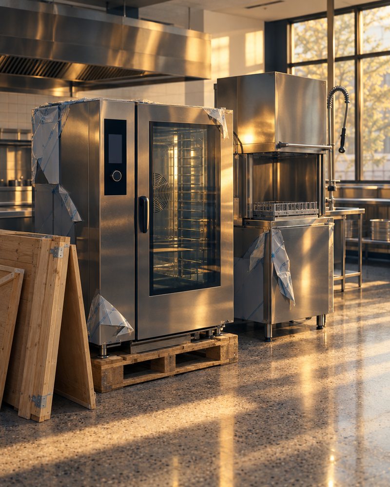 A stainless combi oven on a pallet beside a dish machine in a large kitchen, with crate panels leaning nearby.