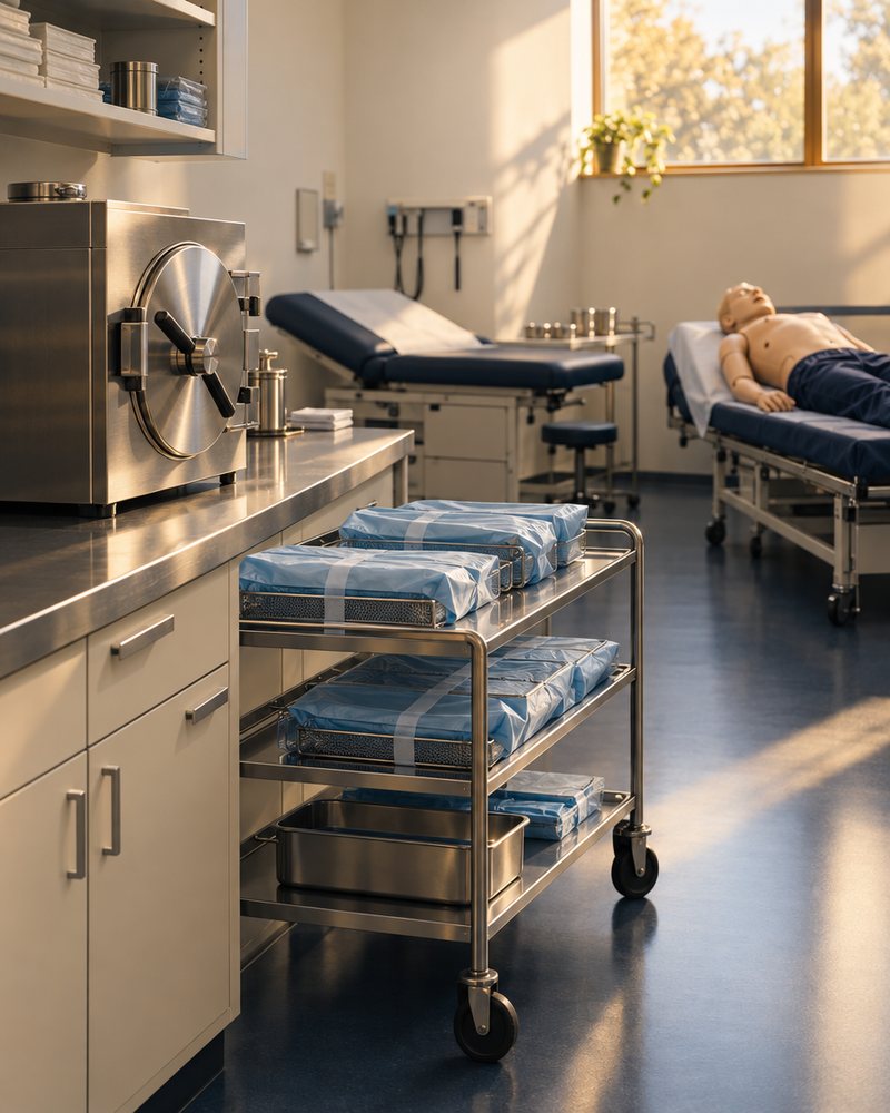 A clinic supply room with a benchtop sterilizer, wrapped instrument trays on a cart, an exam table and a training manikin on a bed.
