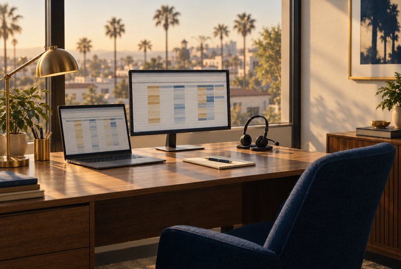 A desk by a window with a laptop, a monitor, a headset and a brass lamp, with palm trees outside in late afternoon light.