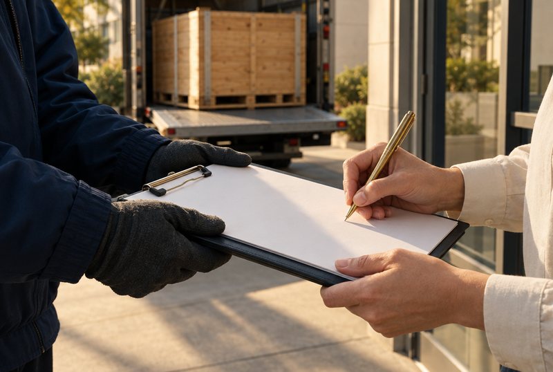 A driver in work gloves holds a clipboard while a receiving clerk signs a delivery receipt, with a wooden crate on a truck liftgate behind them.